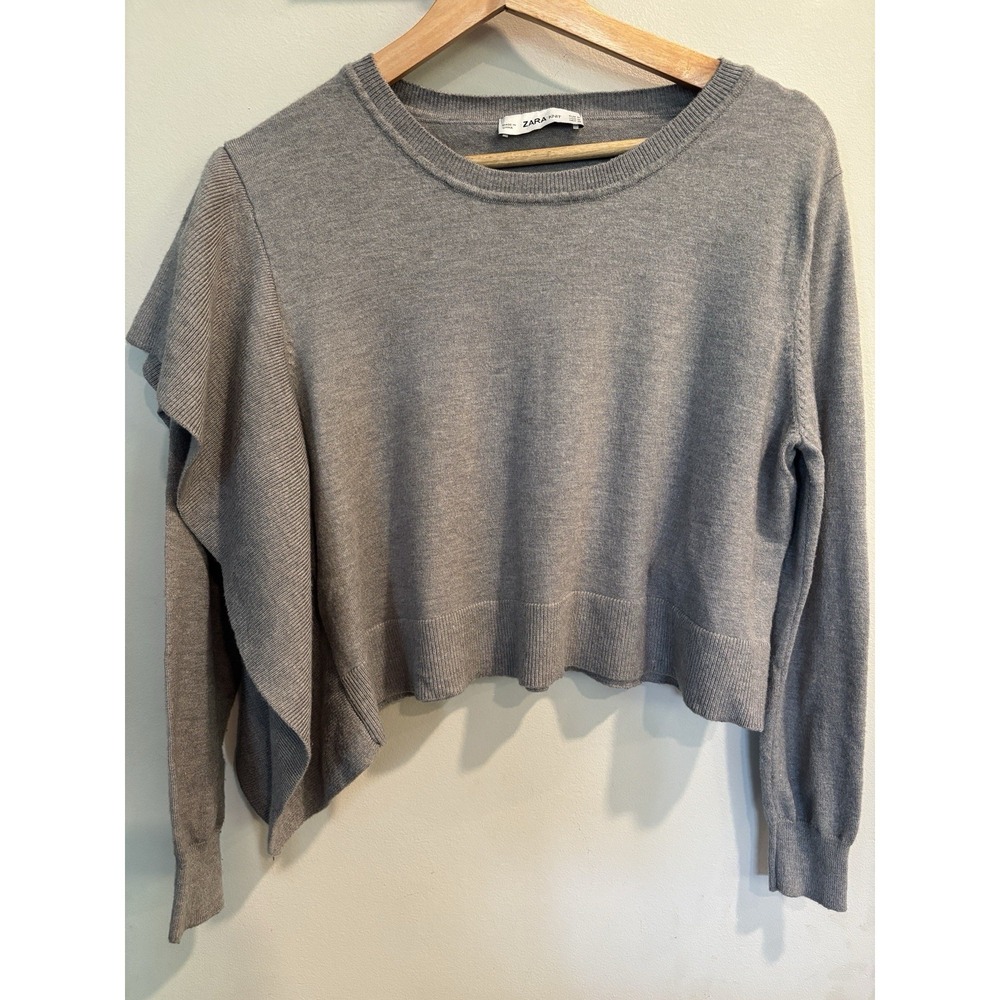 Zara women's side frill Gray Crop Ruffle‎ Sweater Size M